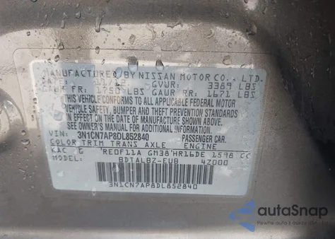 2013 Nissan Versa 1.6 Sv from USA, damaged, VIN 3N1CN7AP8DL852840